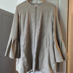 Brown and gold plaid long zip jacket with bell sleeves